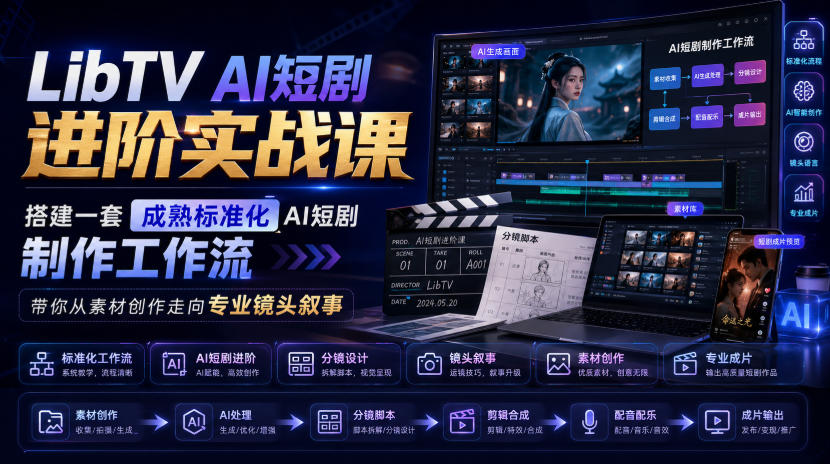 LibTV AI短剧进阶实战课，搭建一套成熟标准化AI短剧制作工作流，带你从素材创作走向专业镜头叙事-优优云网创