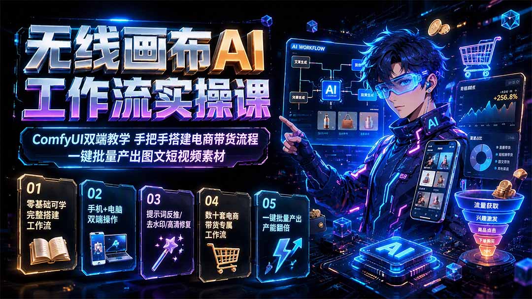 无线画布AI工作流实操课｜ComfyUI双端教学，手把手搭建电商带货流程，一键批量产出图文短视频素材-优优云网创