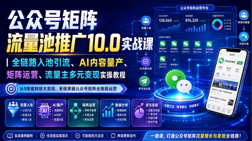 公众号矩阵流量池推广10.0实战课｜全链路入池引流、AI内容量产、矩阵运营、流量主多元变现实操教程-优优云网创