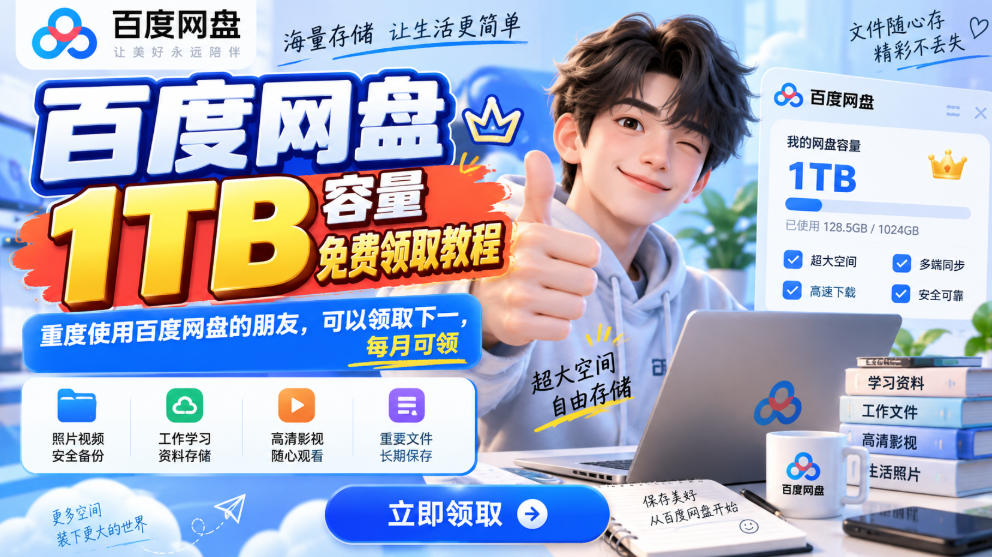 百度网盘1TB容量免费领取教程，重度使用百度网盘的朋友，可以领取下一，每月可领-优优云网创