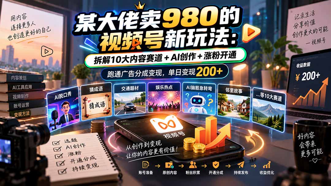 某大佬卖980的视频号新玩法:拆解10大内容赛道+AI创作+涨粉开通,跑通广告分成变现,单日变现200+-优优云网创