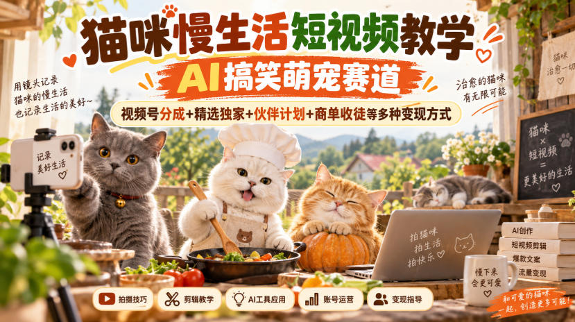 猫咪慢生活短视频教学，AI搞笑萌宠赛道，视频号分成+精选独家+伙伴计划+商单收徒等多种变现方式-优优云网创