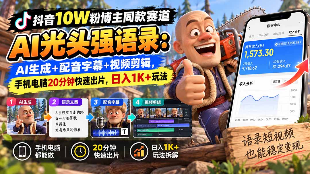 【无水印】抖音10W粉博主同款赛道AI光头强语录：AI生成+配音字幕+视频剪辑，手机电脑20分钟快速出片，日入1K+玩法-优优云网创