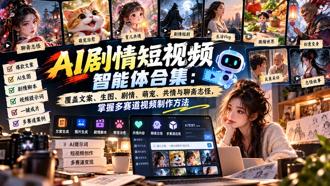 【无水印】AI剧情短视频智能体合集：覆盖文案、生图、剧情、萌宠、共情与聊斋志怪，掌握多赛道视频制作方法-优优云网创