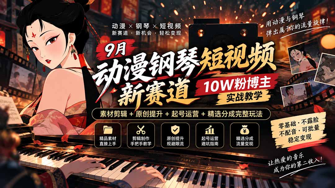 9月动漫钢琴短视频新赛道｜10W粉博主实战教学，素材剪辑+原创提升+起号运营+精选分成完整玩法-优优云网创