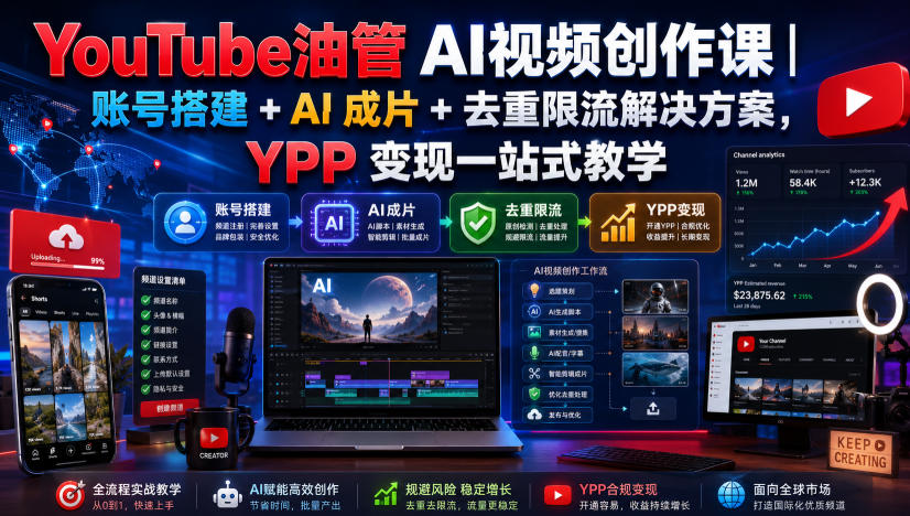 YouTube油管AI视频创作课｜账号搭建+AI成片+去重限流解决方案，YPP变现一站式教学(更新0925)-优优云网创