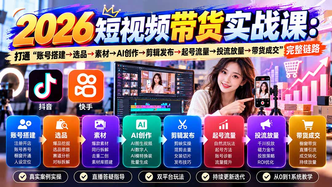 2026短视频带货实战课9月:打通“账号搭建→选品→素材→AI创作→剪辑发布→起号流量→投流放量→带货成交”完整链路-优优云网创