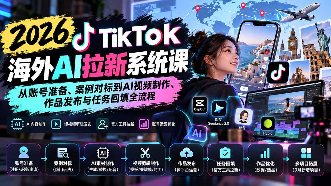 【无水印】2026 TikTok海外AI拉新系统课：从账号准备、案例对标到AI视频制作、作品发布与任务回填全流程-优优云网创