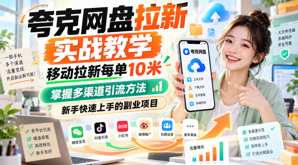 夸克网盘拉新实战教学，移动拉新每单10米，掌握多渠道引流方法，新手快速上手的副业项目(更新0929)-优优云网创