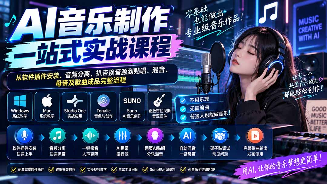 AI音乐制作一站式实战课程：从软件插件安装、音频分离、扒带换音源到贴唱、混音、母带及歌曲成品完整流程-优优云网创