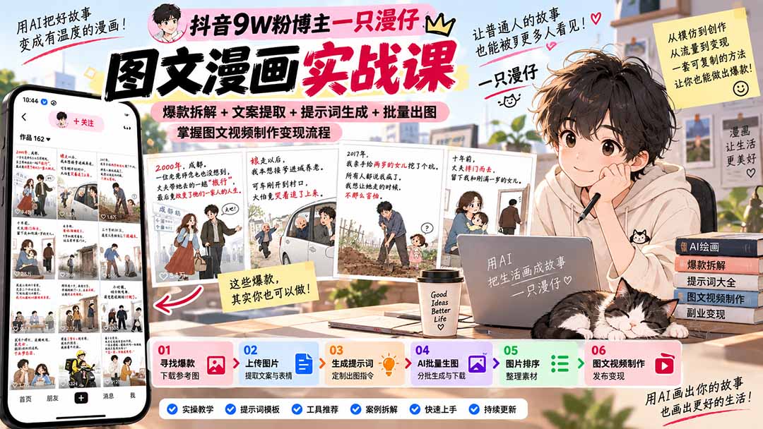 抖音9W粉博主一只漫仔图文漫画课：爆款拆解+文案提取+提示词生成+批量出图，掌握图文视频制作变现流程-优优云网创
