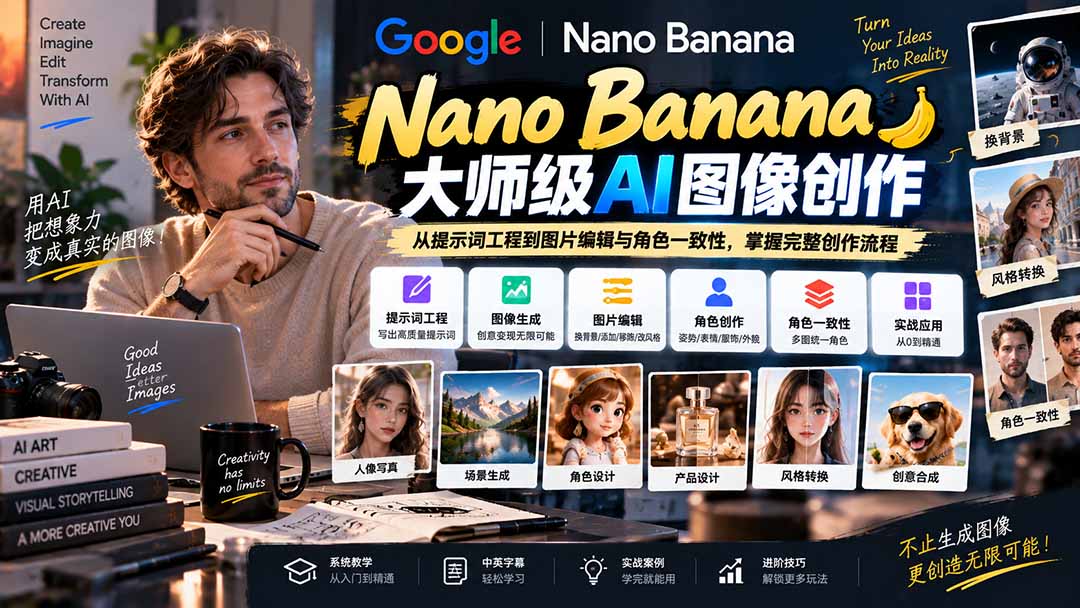 【无水印】Nano Banana大师级AI图像实战课：从提示词工程到图片编辑与角色一致性，掌握完整创作流程-优优云网创