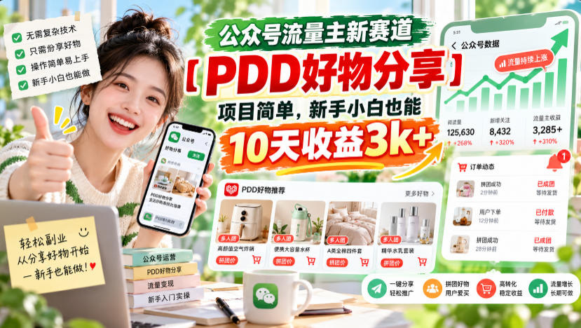 公众号流量主新赛道【PDD好物分享】，项目简单，新手小白也能10天收益3k+-优优云网创