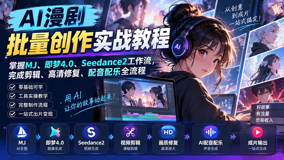 AI漫剧批量创作实战教程：掌握MJ、即梦4.0、Seedance2工作流，完成剪辑、高清修复、配音配乐全流程-优优云网创