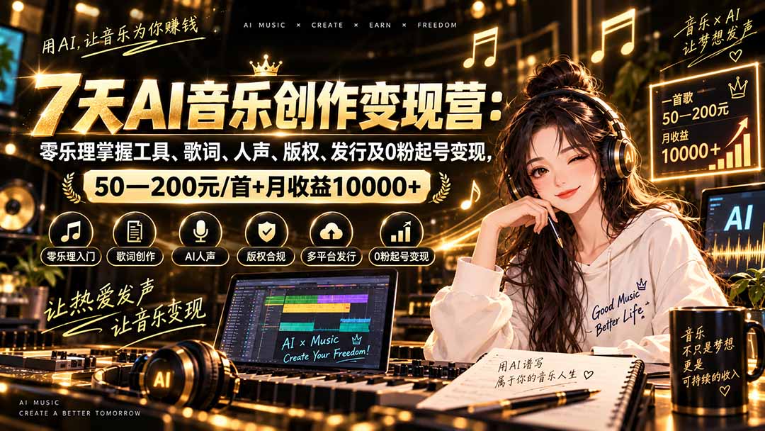 AI音乐创作变现营：零乐理掌握工具、歌词、人声、版权、发行及0粉起号变现，50—200元/首+月收益10000+-优优云网创