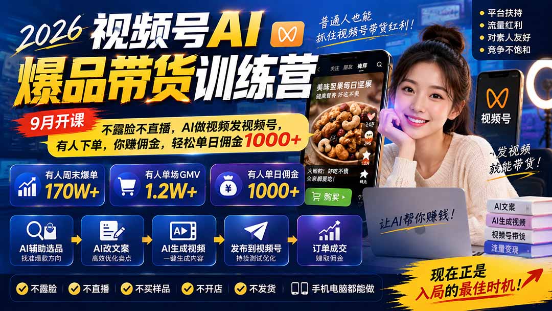 图片[1]-2026视频号AI爆品带货训练营-9月开课｜不露脸不直播，AI做视频发视频号，有人下单，你赚佣金，轻松单日佣金1000+-优优云网创