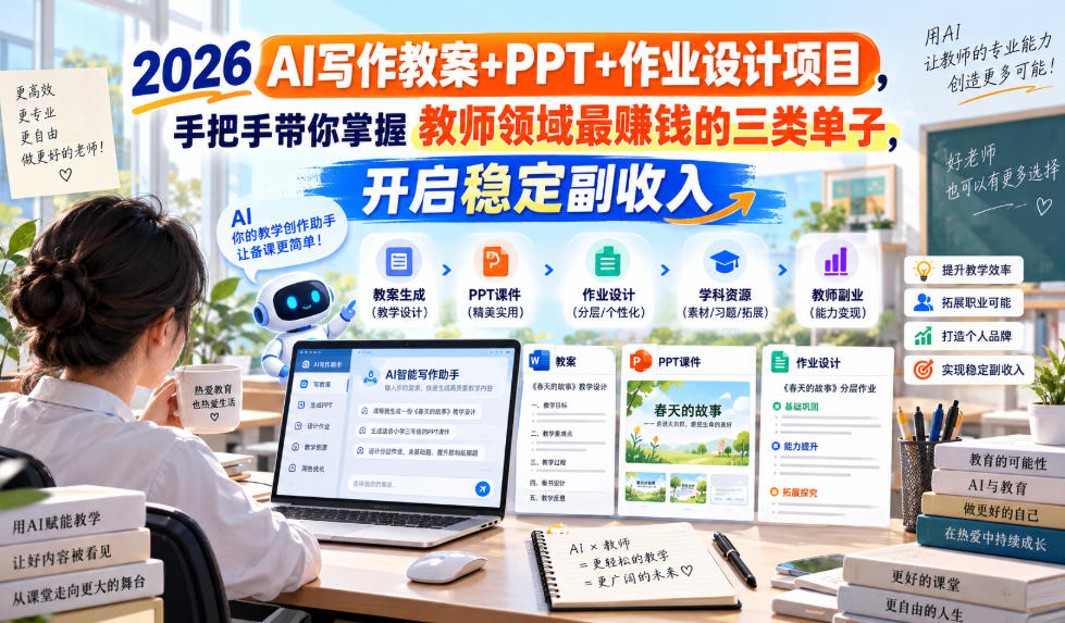 2026 AI写作教案+PPT+作业设计项目，手把手带你掌握教师领域最賺钱的三类单子，开启稳定副收入-优优云网创