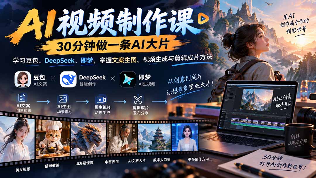AI视频制作课-30分钟做一条AI大片：学习豆包、DeepSeek、即梦，掌握文案生图、视频生成与剪辑成片方法-优优云网创