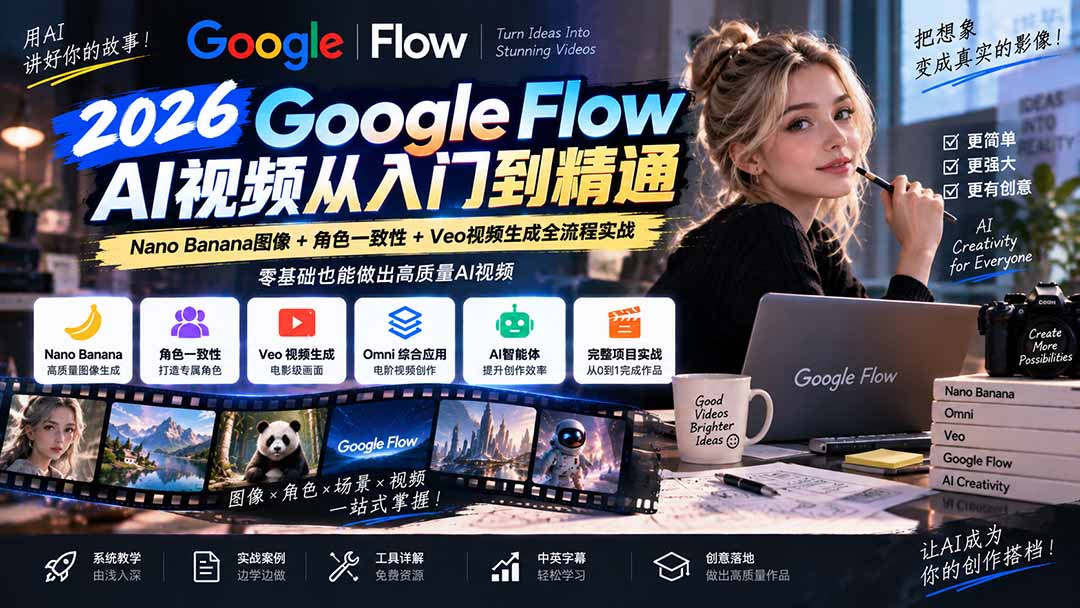【无水印】Google Flow AI视频从入门到精通：Nano Banana图像+角色一致性+Veo视频生成全流程实战-精翻中英字幕-优优云网创