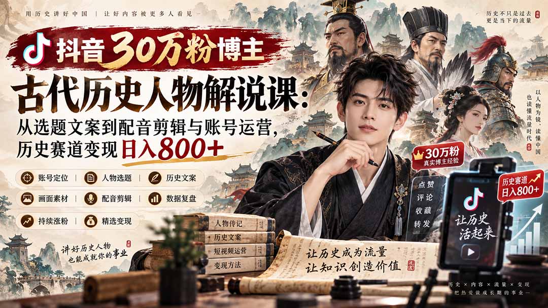 抖音30万粉博主古代历史人物解说课：从选题文案到配音剪辑与账号运营，历史赛道变现日入800+-优优云网创