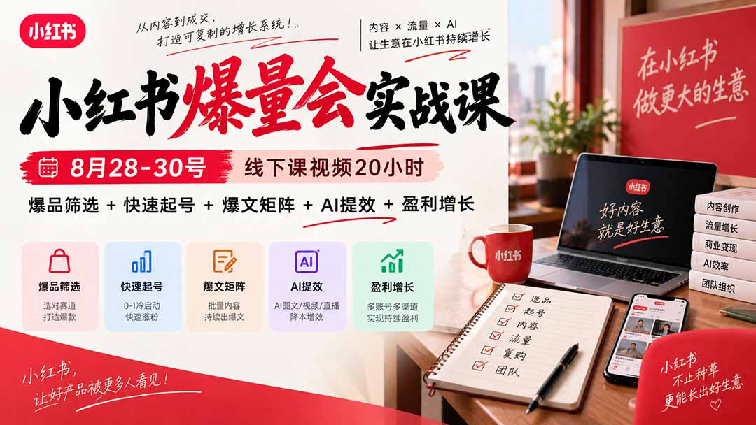 小红书爆量会实战课-更新9月23：线下课视频20小时，爆品筛选+快速起号+爆文矩阵+AI提效+盈利增长-优优云网创