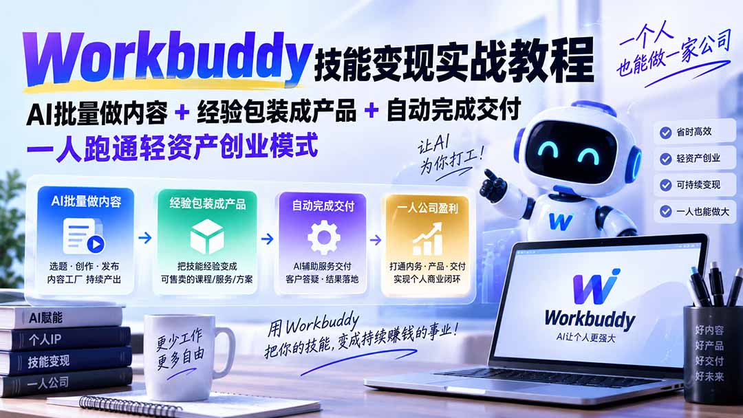 Workbuddy技能变现实战教程：AI批量做内容+经验包装成产品+自动完成交付，一人跑通轻资产创业模式-优优云网创