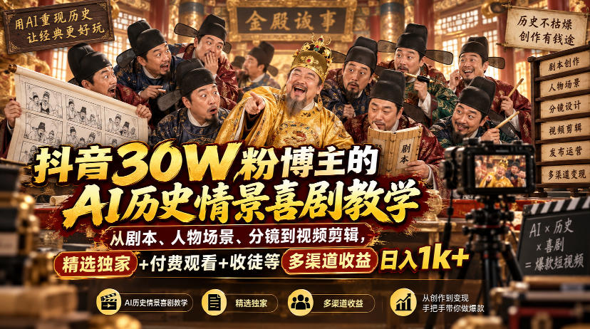 抖音30W粉博主的AI历史情景喜剧教学，从剧本、人物场景、分镜到视频剪辑，精选独家+付费观看+收徒等多渠道收益日入1k+-优优云网创