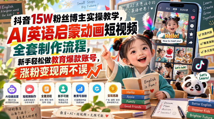 抖音15W粉丝博主实操教学,AI英语启蒙动画短视频全套制作流程,新手轻松做教育爆款账号,涨粉变现两不误-优优云网创