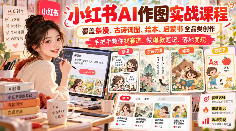 小红书AI作图实战课程，覆盖条漫、古诗词图、绘本、启蒙书全品类创作，手把手教你找赛道、做爆款笔记、落地变现-优优云网创