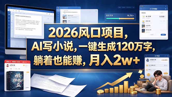2026 风口项目，AI 写小说，一键生成 120 万字，躺着也能赚，月入 2w +-优优云网创