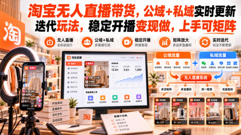 淘宝无人直播带货,公域+私域实时更新迭代玩法,稳定开播变现做,上手可矩阵【揭秘】-优优云网创