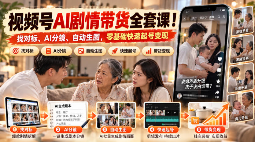 视频号AI剧情带货全套课!找对标、AI分镜、自动生图,零基础快速起号变现-优优云网创