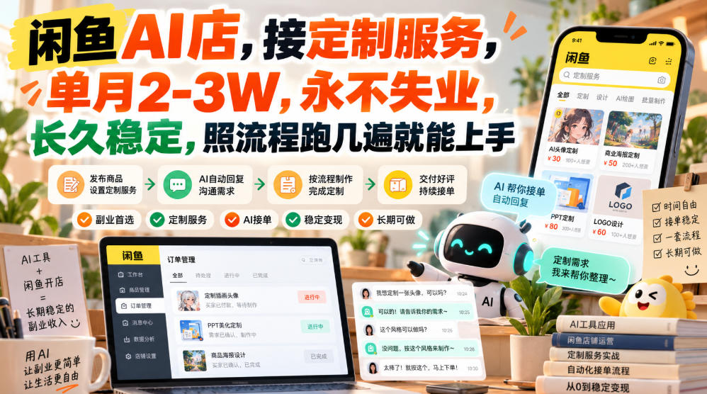 闲鱼AI店，接定制服务，单月2-3W，永不失业，长久稳定，照流程跑几遍就能上手-优优云网创