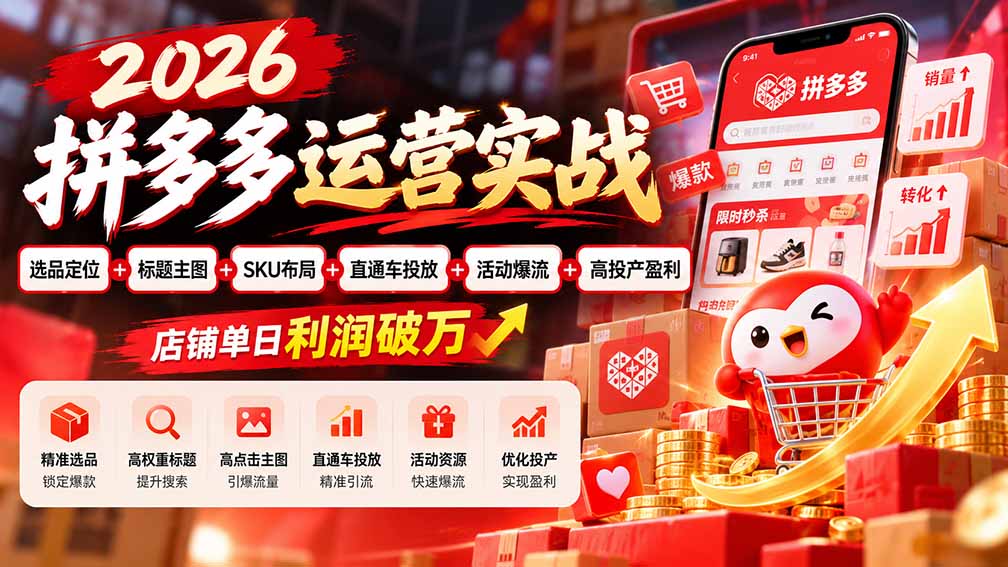 2026拼多多运营实战-更新1002：选品定位+标题主图+SKU布局+直通车投放+活动爆流+高投产盈利 店铺单日利润破万-优优云网创