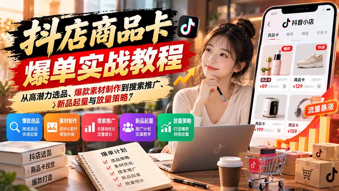 抖店商品卡爆单实战教程：从高潜力选品、爆款素材制作到搜索推广、新品起量与放量策略-优优云网创