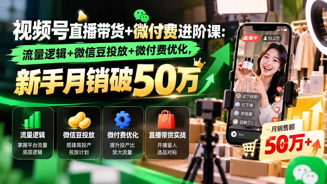 视频号直播带货+微付费进阶课-更新1010：流量逻辑+微信豆投放+微付费优化，新手月销破50万-优优云网创