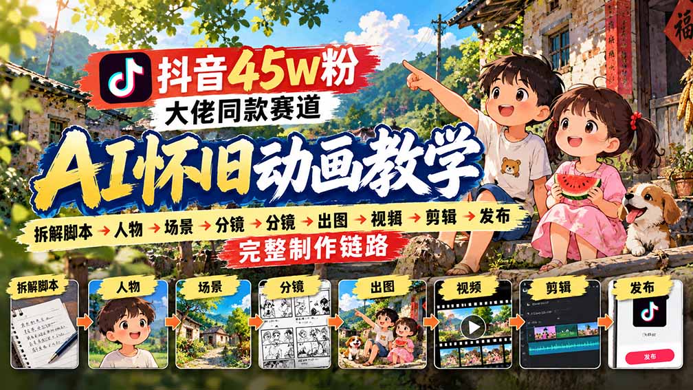 抖音45W粉大佬同款赛道AI怀旧动画教学：拆解脚本→人物→场景→分镜→出图→视频→剪辑→发布完整制作链路-优优云网创
