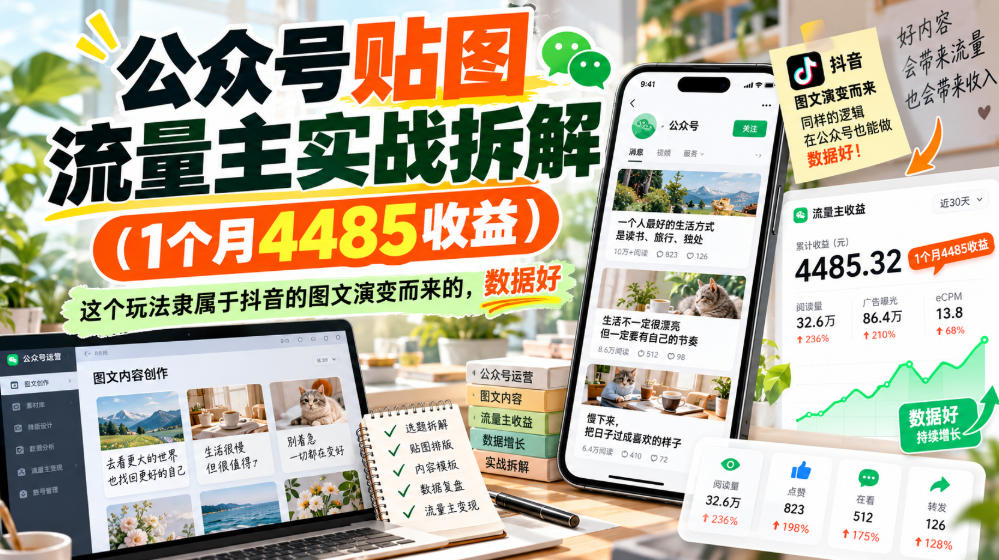 公众号贴图流量主实战拆解(1个月4485收益),这个玩法隶属于抖音的图文演变而来的,数据好-优优云网创