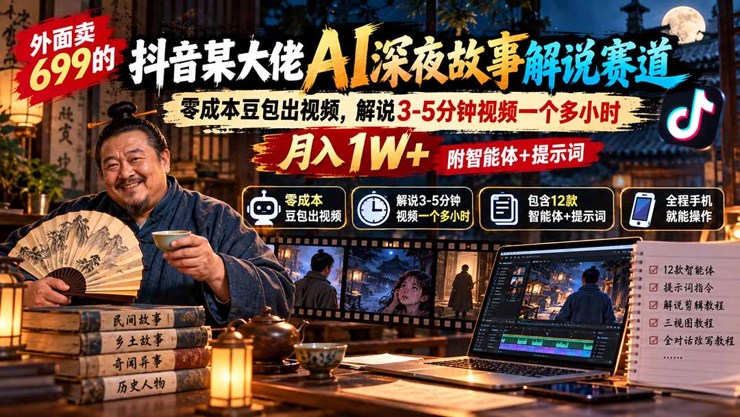 外面卖699抖音某大佬AI深夜故事解说赛道-更新:0成本豆包出视频+解说3-5分钟视频一个多小时,月入1W+附智能体+提示词-优优云网创