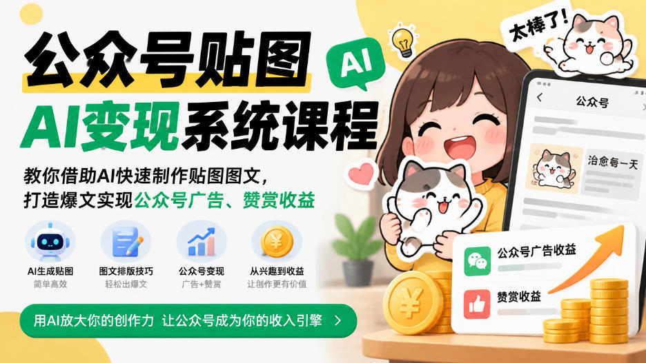公众号贴图AI变现系统课程|教你借助AI快速制作贴图图文,打造爆文实现公众号广告、赞赏收益-优优云网创