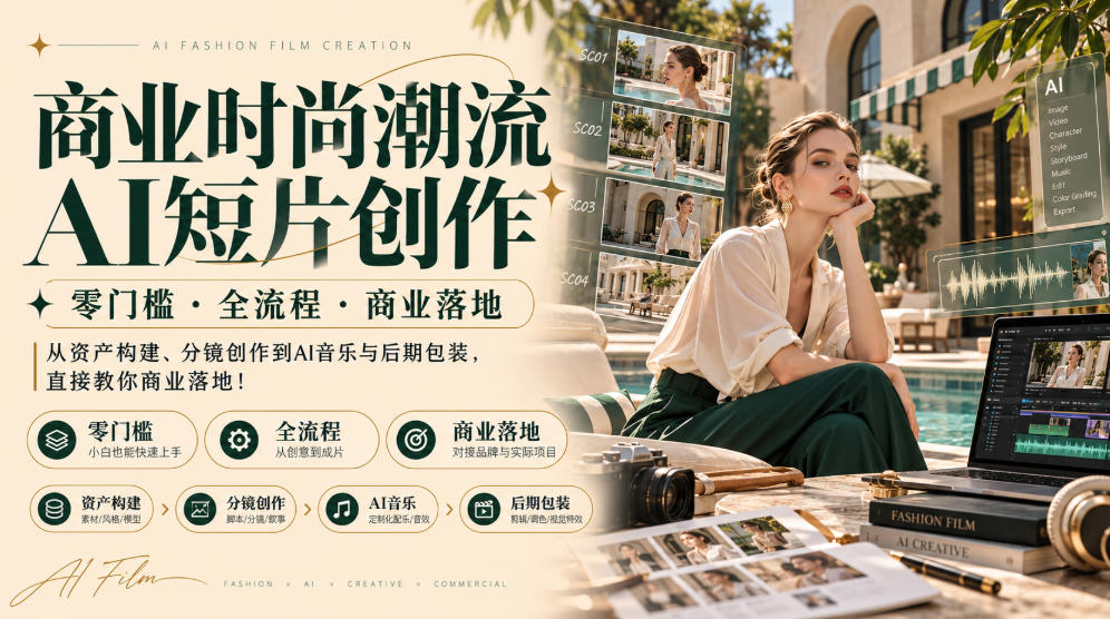 商业时尚潮流AI短片创作|零门槛・全流程・商业落地,从资产构建、分镜创作到AI音乐与后期包装,直接教你商业落地!-优优云网创