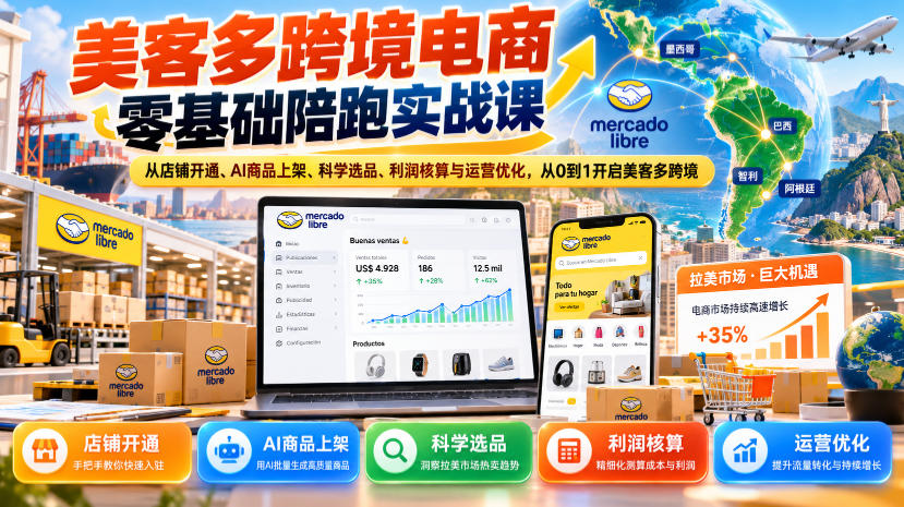 美客多跨境电商零基础陪跑实战课:从店铺开通、AI商品上架、科学选品、利润核算与运营优化,从0到1开启美客多跨境-优优云网创