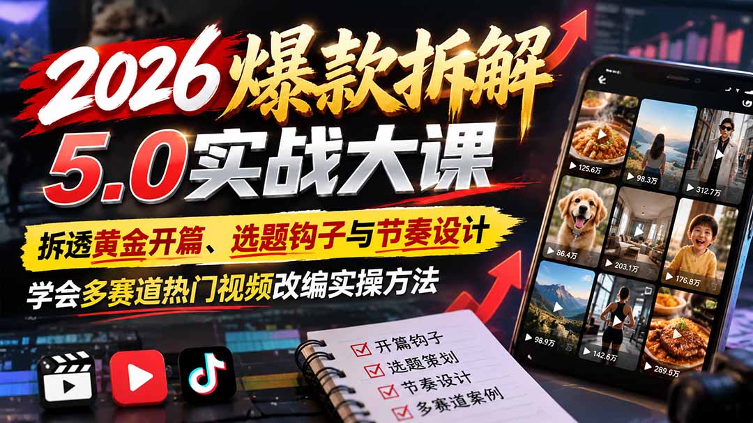 2026爆款拆解5.0实战大课：拆透黄金开篇、选题钩子与节奏设计，学会多赛道热门视频改编实操方法-优优云网创