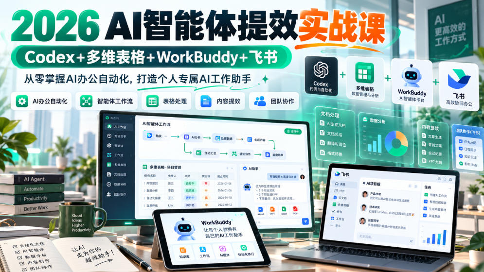 2026 AI智能体提效实战课：Codex+多维表格+WorkBuddy+飞书，从零掌握AI办公自动化，打造个人专属AI工作助手-优优云网创