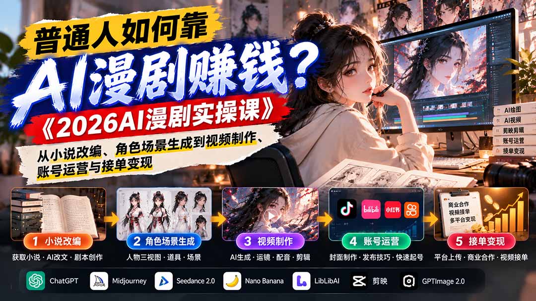 普通人如何靠AI漫剧赚钱？《2026AI漫剧实操课》从小说改编、角色场景生成到视频制作、账号运营与接单变现-优优云网创
