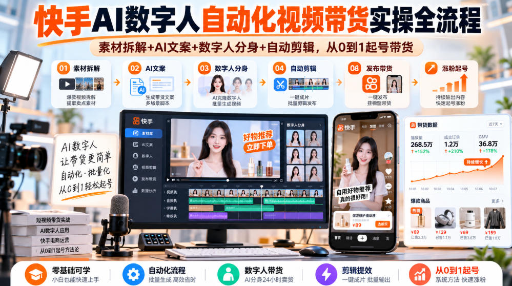 快手AI数字人自动化视频带货实操全流程|素材拆解+AI文案+数字人分身+自动剪辑,从0到1起号带货(更新26年)-优优云网创