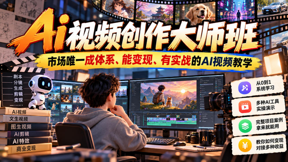 Ai视频创作大师班，市场唯一成体系、能变现、有实战的AI视频教学(更新2026)-优优云网创