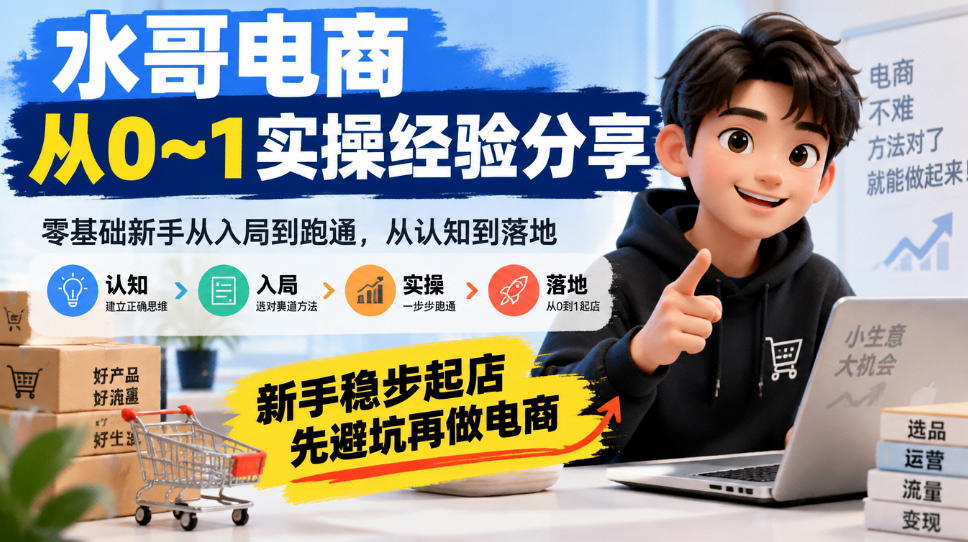 水哥电商从0~1实操经验分享，​零基础新手从入局到跑通，从认知到落地，新手稳步起店，先避坑再做电商-优优云网创
