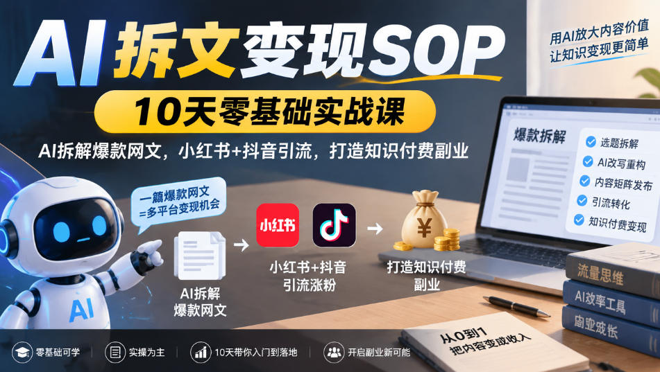AI拆文变现SOP|10天零基础实战课,AI拆解爆款网文,小红书+抖音引流,打造知识付费副业-优优云网创