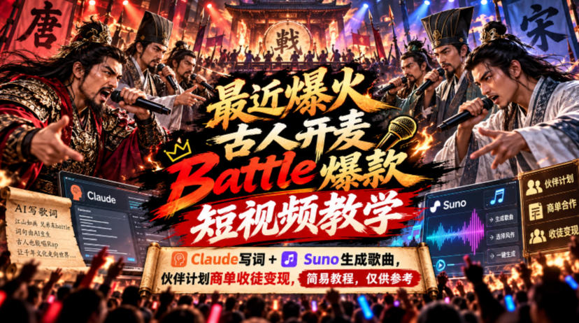 最近爆火古人开麦Battle爆款短视频教学,Claude写词+Suno生成歌曲,伙伴计划商单收徒变现,简易教程,仅供参考-优优云网创